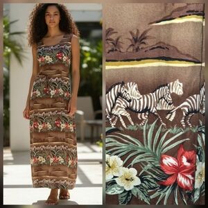 VTG TEDDI Womans Maxi Dress Zebras Tropical Flowers AOP Beachy Safari 1X NWT